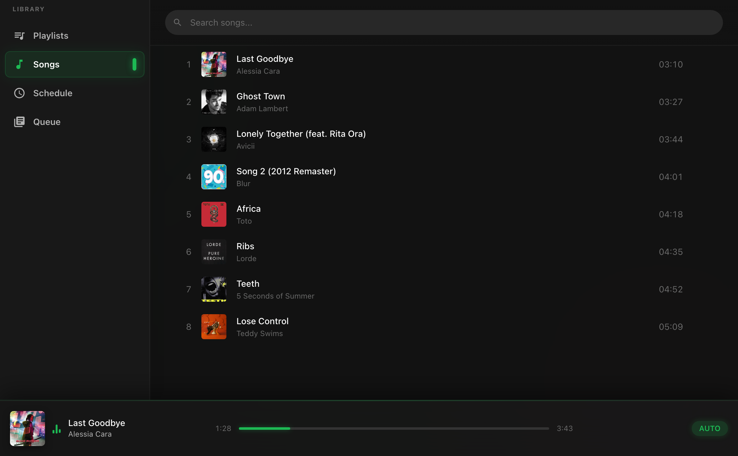 Orella desktop player showing the searchable song library and now-playing bar